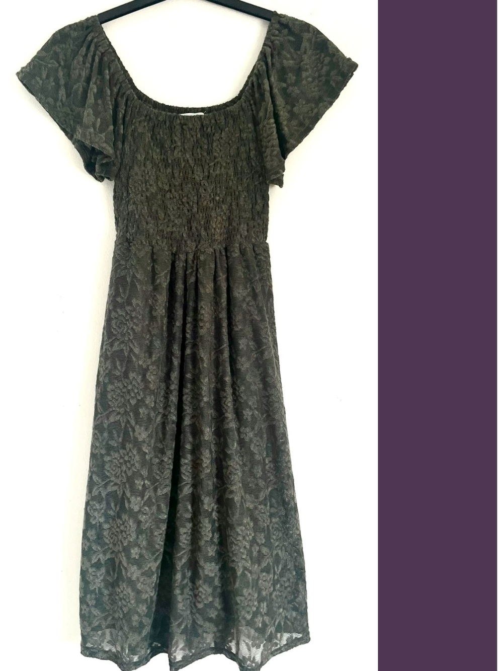 HD in Paris Anthropologie Olive Green Floral Lace Smocked Midi Dress S EUC Boho